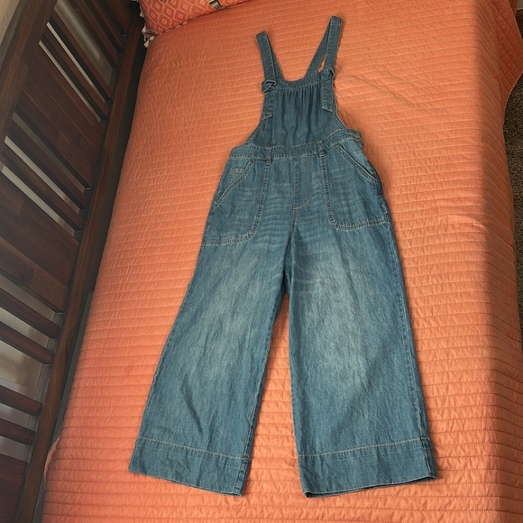 Pilcro Anthropologie Wide-Leg Cropped Tie-Front Blue Denim Overalls Size 26 - Picture 3 of 11